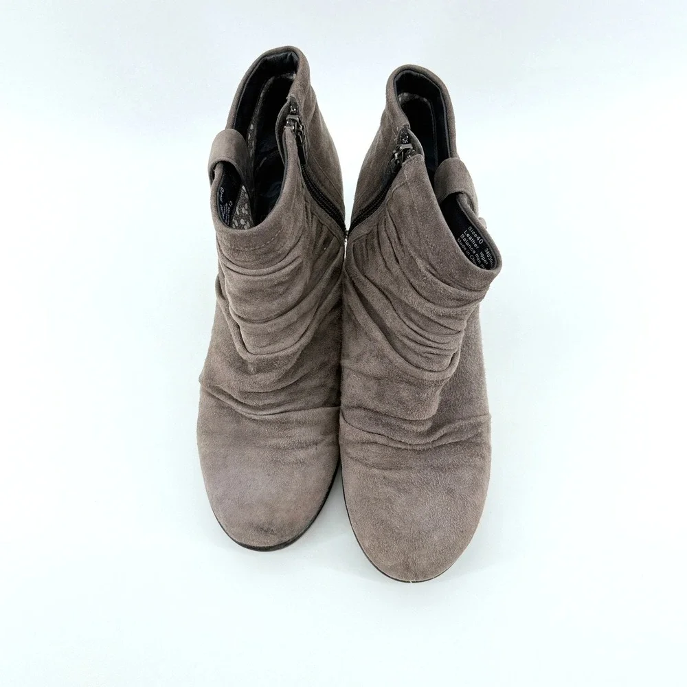 Dansko Buffy Ankle Boots Ruched Suede 40 Taupe Gray Womens Comfort Booties